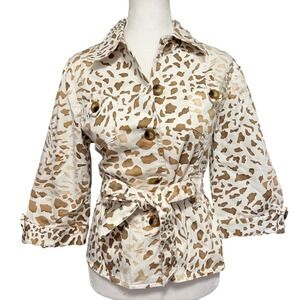 Vtg Carole Little Petite Jacket 12P Tan Brown Animal Print Y2K 3/4 Sleeve Cotton
